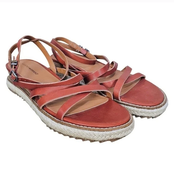 Lucky Brand Espadrille Sandals Womens Brown Leather Size 8.5 Boho Prairie Wedge - Picture 2 of 13
